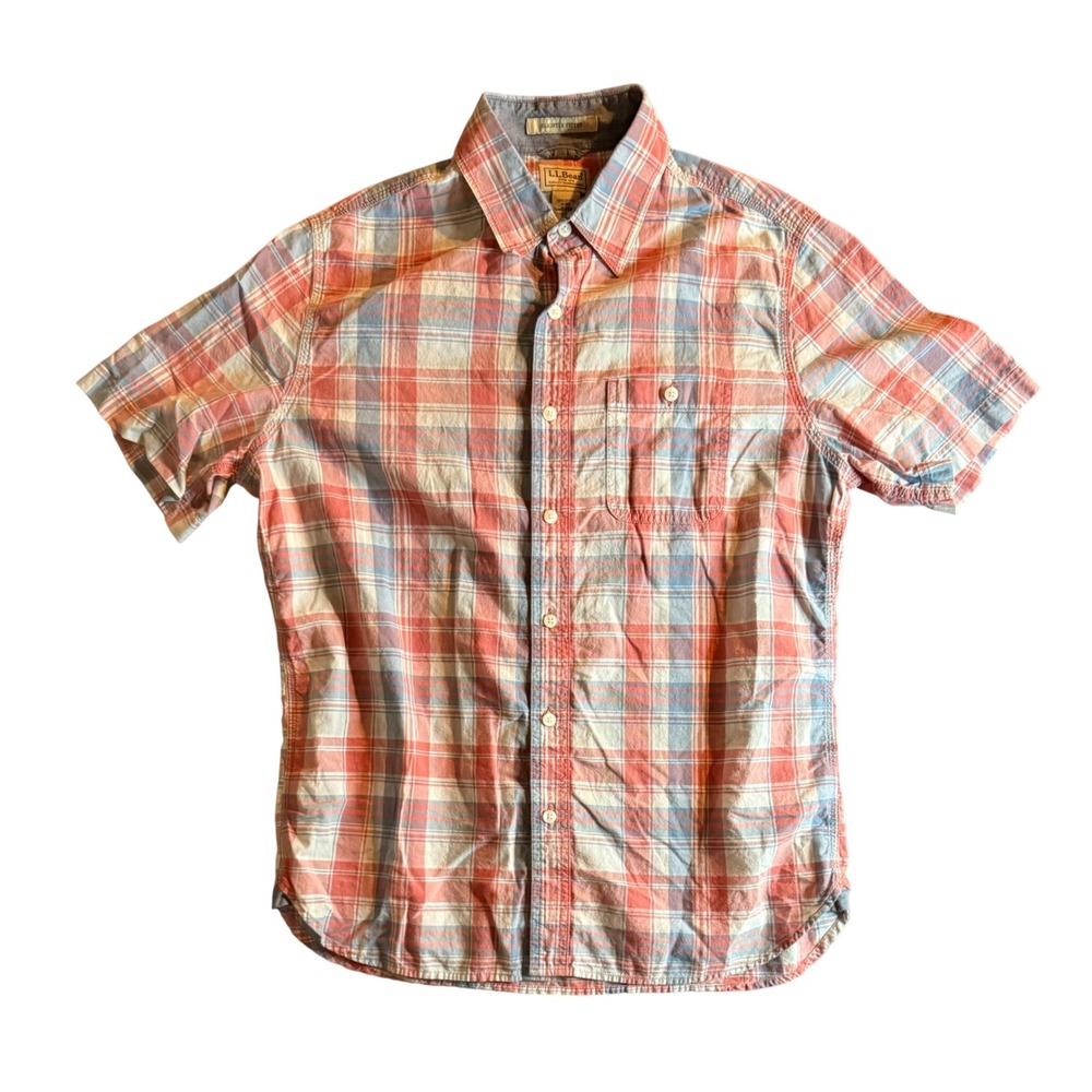 L.L. Bean 288683 Plaid Button Down Mens Medium Red Blue Slightly Fitted Cotton